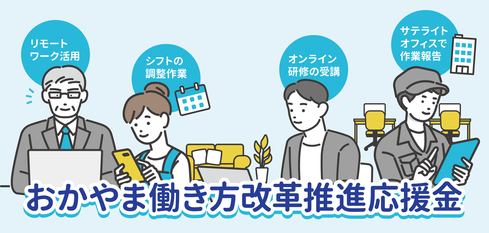 岡山県おかやま働き方改革推進応援金電子申請システムの案内ビジュアル。現場の仕事を止めずに働き方を変える支援を紹介しています。